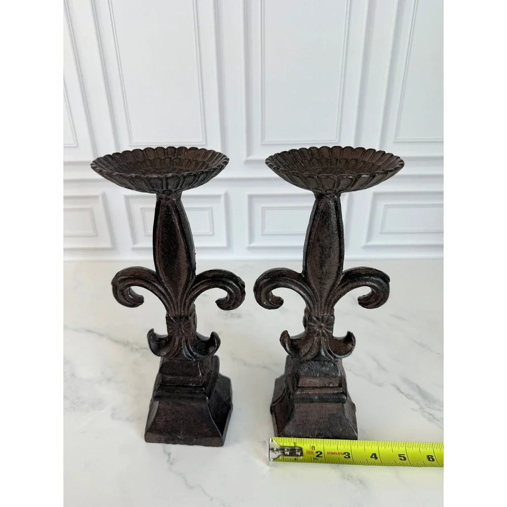 VTG Pair (2) Cast Iron Fleur de Lis Pillar Candlesticks 10 5/8